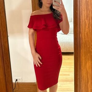 Red Off-Shoulder Cocktail Dress Elegant Bodycon Midi XXS | Perfect for christmas